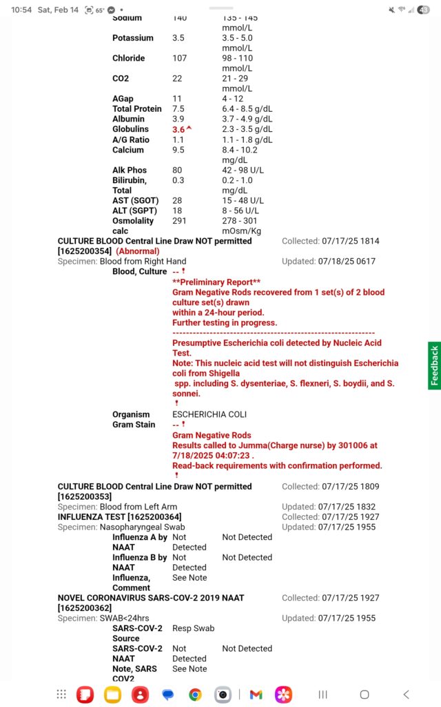 Lab test results from Presbyterian Hospital Emergency Room in Dallas saying that I had a Urinary Track Infection (UTI) that was so severe that the bacteria had spread into my blood. It was found because the Presbyterian doctor ordered labs to test for a bacteria infection.