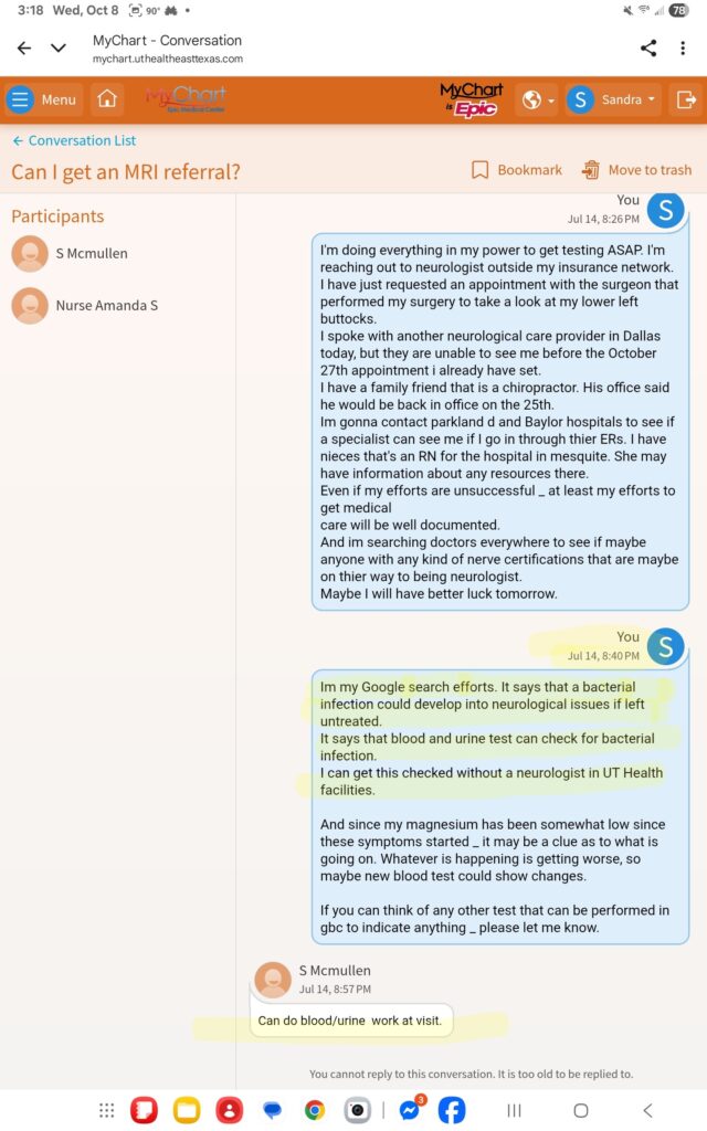 TMB8 - MyChart Text Proves That I Told Dr. McMullen That I Had A Bacteria Infection On 7/14/25, And By Dr. McMullen's Choice I Did Not Receive Badly Needed Medical Treatment 